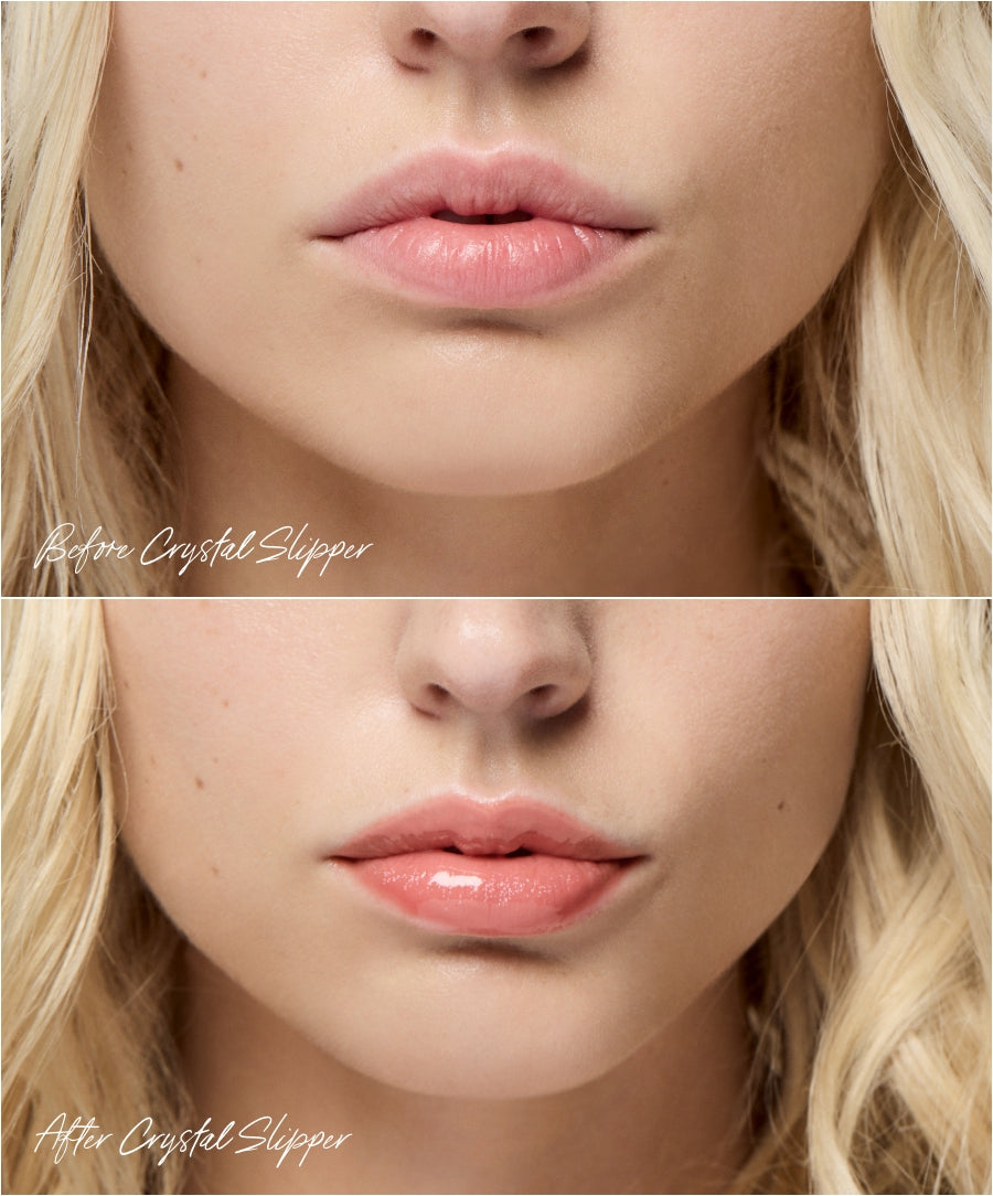 Close-up before and after view of lips showing natural enhancement and subtle shine after applying Legendary Lip Oil, highlighting smooth, hydrated lips with clean beauty appeal.