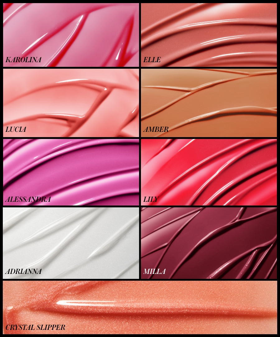 Close-up texture swatches of Legendary Lip Oil in various shades including pinks, nudes, purples, white, deep mauve, and a shimmering peachy crystal slipper, highlighting smooth, glossy finish.