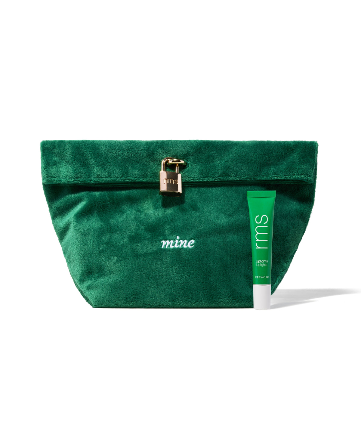 The Chameleon 2-Piece Set featuring a plush green velvet pouch with a gold-toned lock and an rms beauty green tube of clean, cruelty-free makeup with natural ingredients.