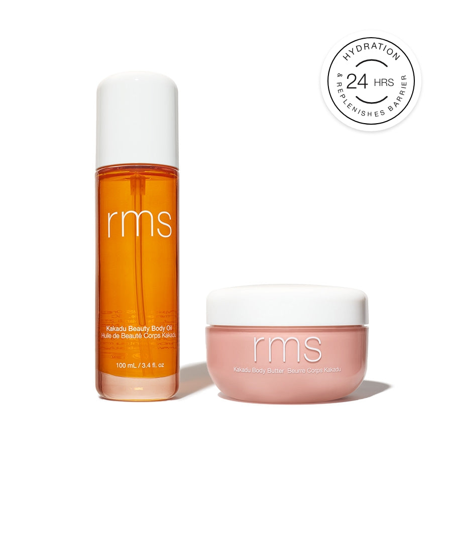 The Radiant Body Duo featuring a clear bottle of golden body oil and a pink jar of body butter, both designed for clean beauty with natural ingredients and sustainable packaging.