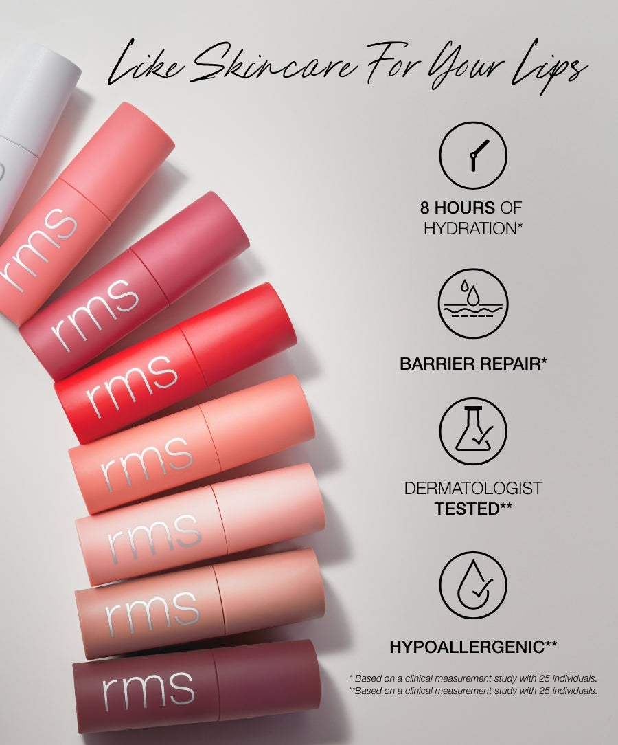 Collection of RMS Beauty Legendary Lip Oil tubes in various shades arranged in a row with text highlighting 8 hours of hydration, barrier repair, dermatologist tested, and hypoallergenic benefits.