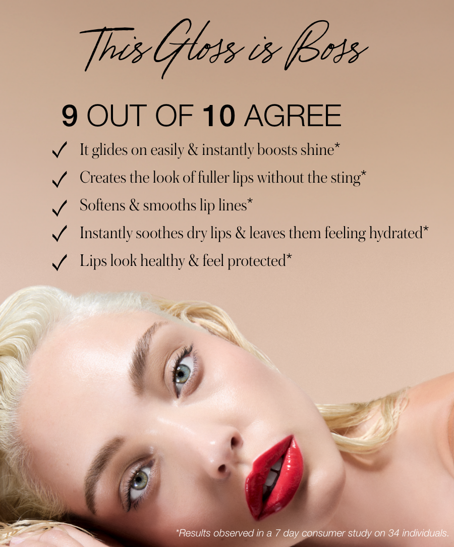 Text image highlighting consumer claims for Legendary Lip Oil including easy glide, boosted shine, fuller lip look without sting, softened lip lines, instant soothing and hydration, and healthy, protected lips, based on a 7-day study.