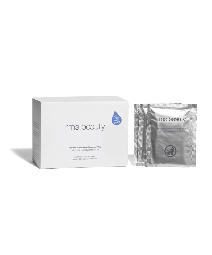 Box and individual silver sachets of rms beauty Makeup Remover | Ultimate Makeup Remover Wipe, featuring clean beauty, natural ingredients, and recyclable packaging.
