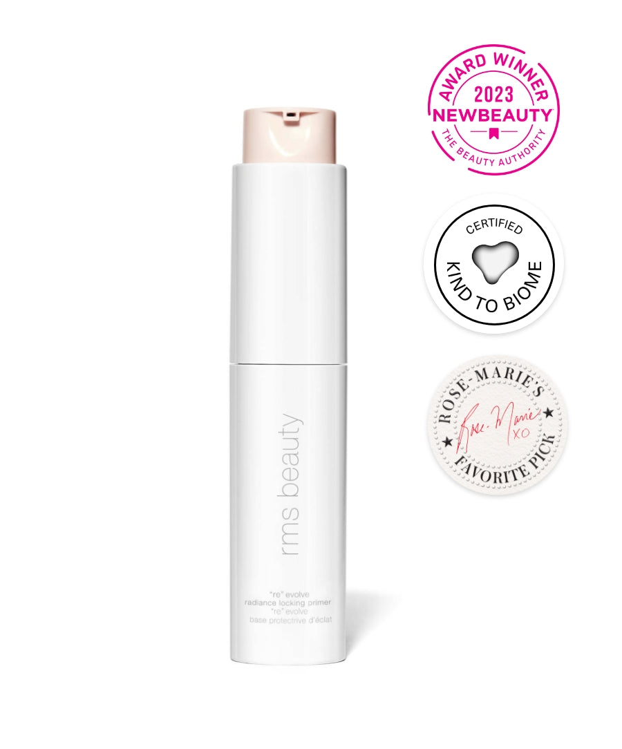 ReEvolve Radiance Locking Primer by RMS Beauty with a sleek white pump bottle, accompanied by badges highlighting awards, clean beauty certification, and favorite pick recognition.