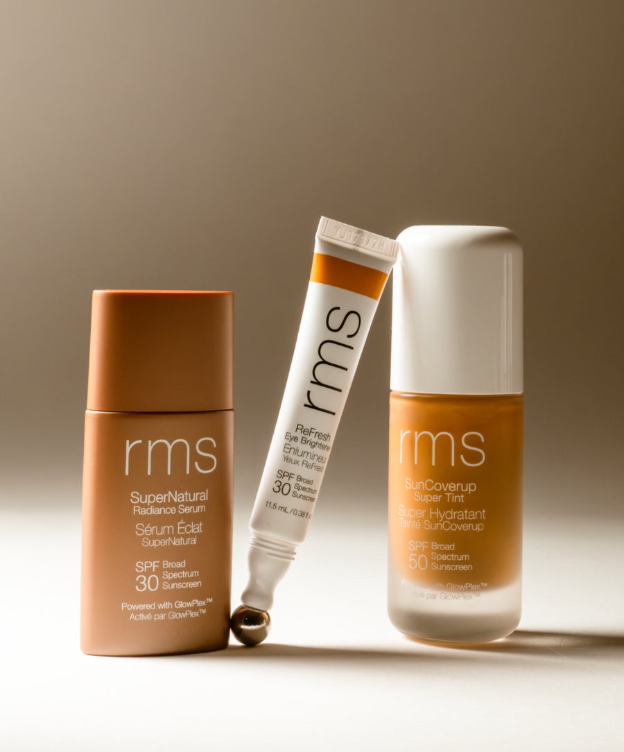 Three skincare products from The Complete SPF Set by RMS Beauty, featuring clean, cruelty free formulas with SPF protection in recyclable packaging.