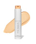 ReEvolve Natural Finish Liquid Foundation in a sleek white pump bottle with light beige foundation swatch behind, highlighting clean beauty and natural ingredients.