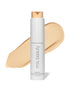 ReEvolve Natural Finish Liquid Foundation in a sleek white bottle with a beige liquid foundation smear behind, featuring clean beauty and natural ingredients for a radiant look.