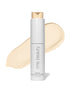 ReEvolve Natural Finish Liquid Foundation in a sleek white bottle with beige liquid foundation swatch behind, highlighting clean beauty and natural ingredients for a flawless look.