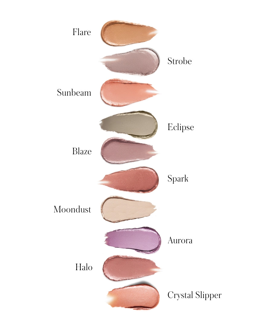 Swatches of Eyelights Cream Eyeshadow in a range of natural and soft shades including nude, peach, mauve, rose, cream, lavender, and shimmer tones, showcasing clean beauty makeup options.