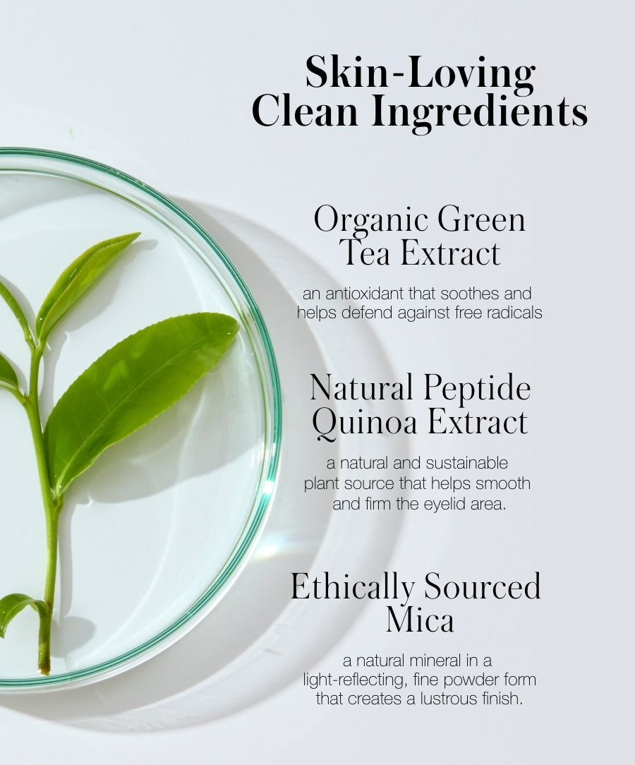 Eyelights Cream Eyeshadow features skin-loving clean ingredients including organic green tea extract, natural peptide quinoa extract, and ethically sourced mica for a smooth, luminous finish.
