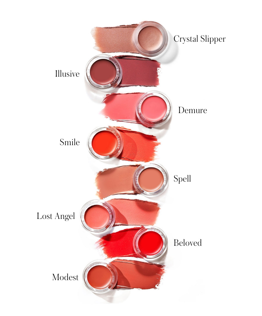 A collection of Lip2Cheek cream blushes and lip colors in various shades including nude, rose, coral, and red, showcasing natural ingredients and clean beauty appeal.