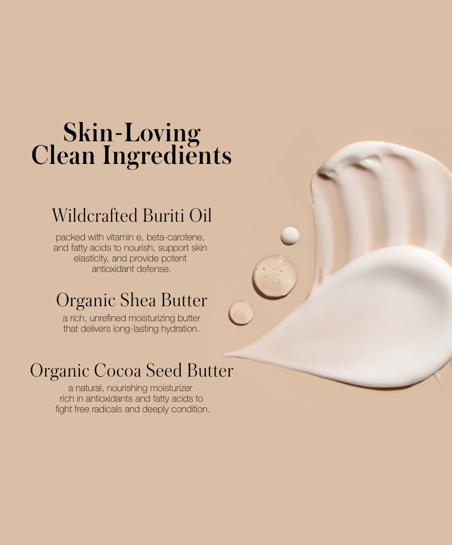 Close-up of cream and oil textures on a beige background with text describing skin-loving clean ingredients including wildcrafted buriti oil, organic shea butter, and organic cocoa seed butter for hydration and antioxidant defense, highlighting Lip2Cheek.