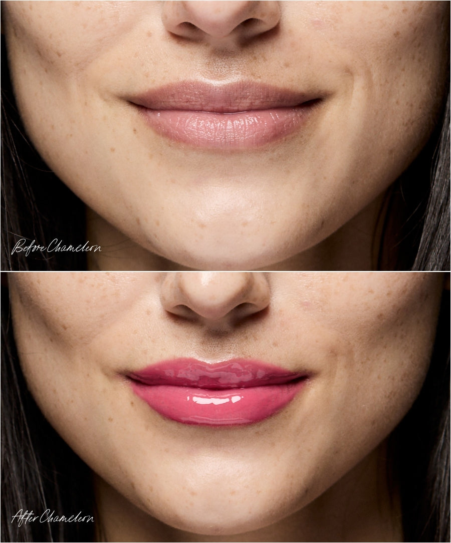 Close-up before and after comparison of lips without and with Legendary Lip Oil applied, showing a natural, glossy pink tint enhancing the lips’ appearance.