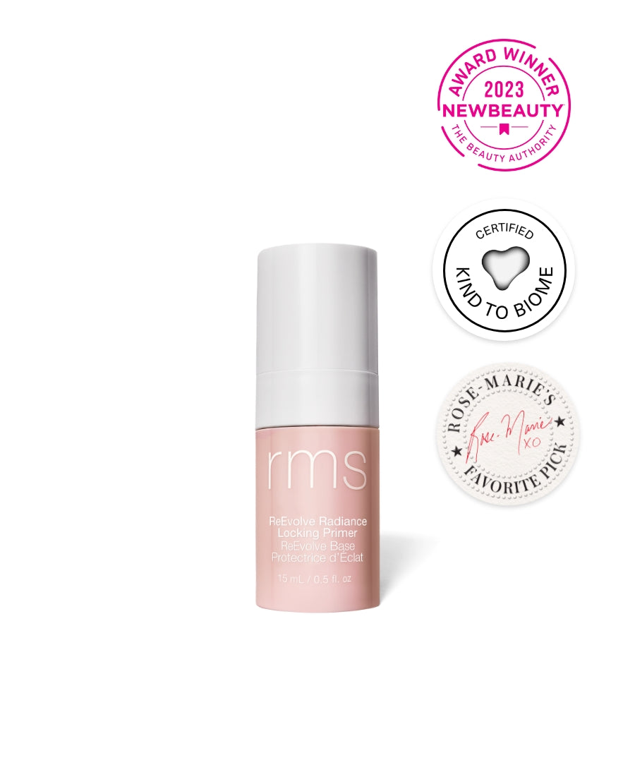 ReEvolve Radiance Locking Primer bottle with white cap, surrounded by badges for 2023 NewBeauty award, Kind to Biome certification, and Rose Marie’s favorite pick.
