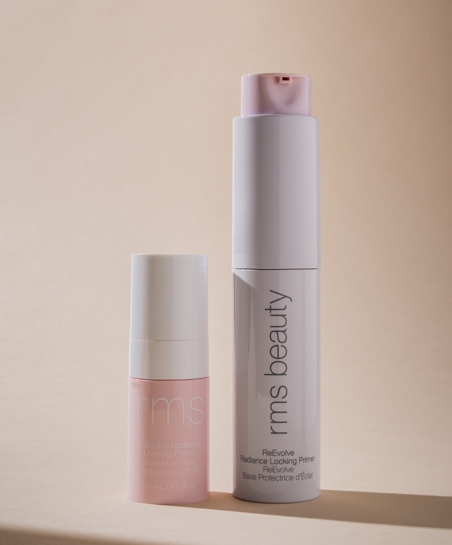 ReEvolve Radiance Locking Primer by RMS Beauty in two sizes, displayed with minimalistic, clean packaging emphasizing natural and skincare infused makeup qualities.