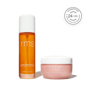 The Radiant Body Duo featuring a clear bottle of golden body oil and a pink jar of body butter, both designed for clean beauty with natural ingredients and sustainable packaging.