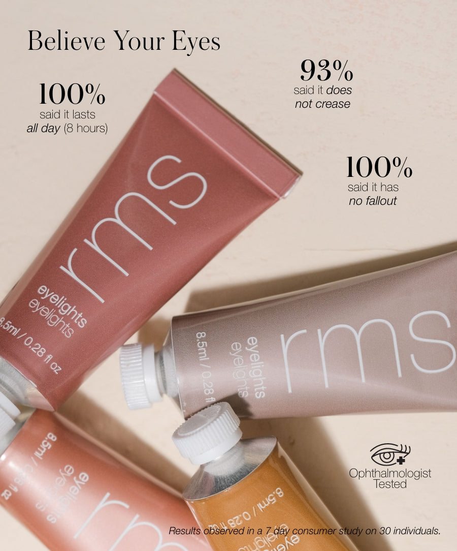 Three tubes of Eyelights Cream Eyeshadow in natural shades arranged on a light surface with text highlighting 100% lasting all day, 93% no creasing, and 100% no fallout, along with an ophthalmologist tested symbol.