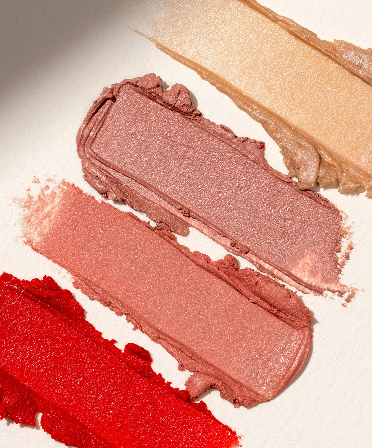 RMS Lip2Cheek Glow Quad Mini Shade Swatches: Beloved Lip2Cheek, Spell Lip2Cheek, Lost Angel Lip2Cheek, and Champagne Rose Luminizer