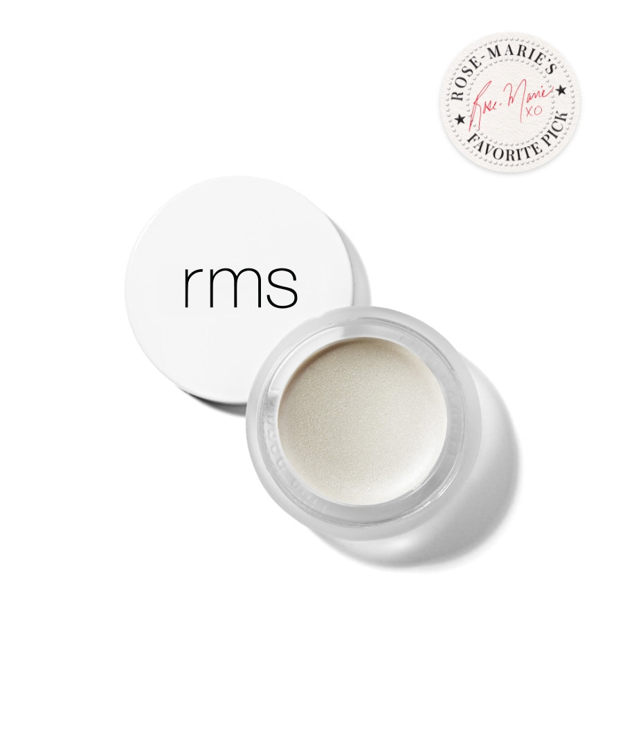 Open jar of Luminizer cream with white lid marked "rms" and a round badge highlighting it as Rose-Marie’s favorite pick, representing clean beauty and sustainable packaging.