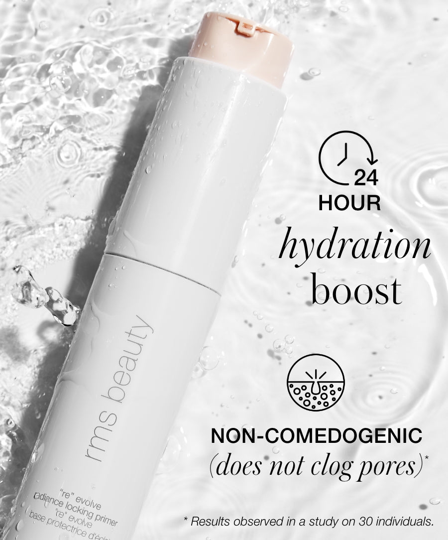 ReEvolve Radiance Locking Primer by rms beauty on wet surface with water droplets, highlighting 24-hour hydration boost and non-comedogenic formula.