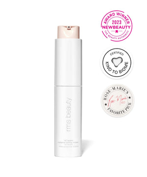 ReEvolve Radiance Locking Primer by RMS Beauty with a sleek white pump bottle, accompanied by badges highlighting awards, clean beauty certification, and favorite pick recognition.
