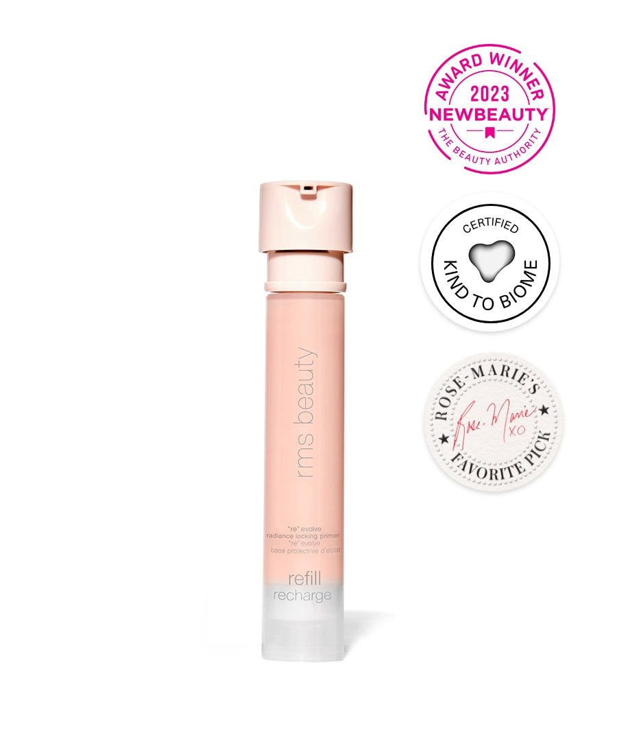 Refill pack of ReEvolve Radiance Locking Primer by RMS Beauty in a sleek pale pink container, surrounded by award and certification badges for clean, cruelty-free, and sustainable beauty.