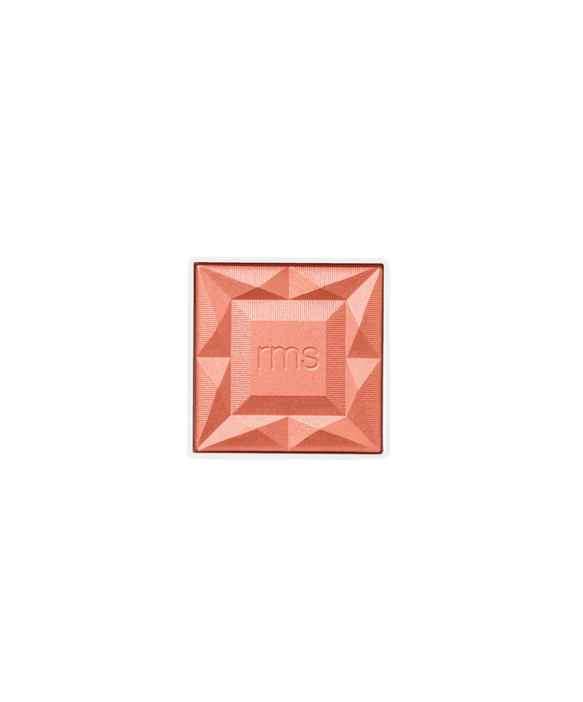 Square-shaped peach coral powder blush with a geometric embossed design and "rms" logo, highlighting the clean beauty ReDimension Hydra Powder Blush formula.