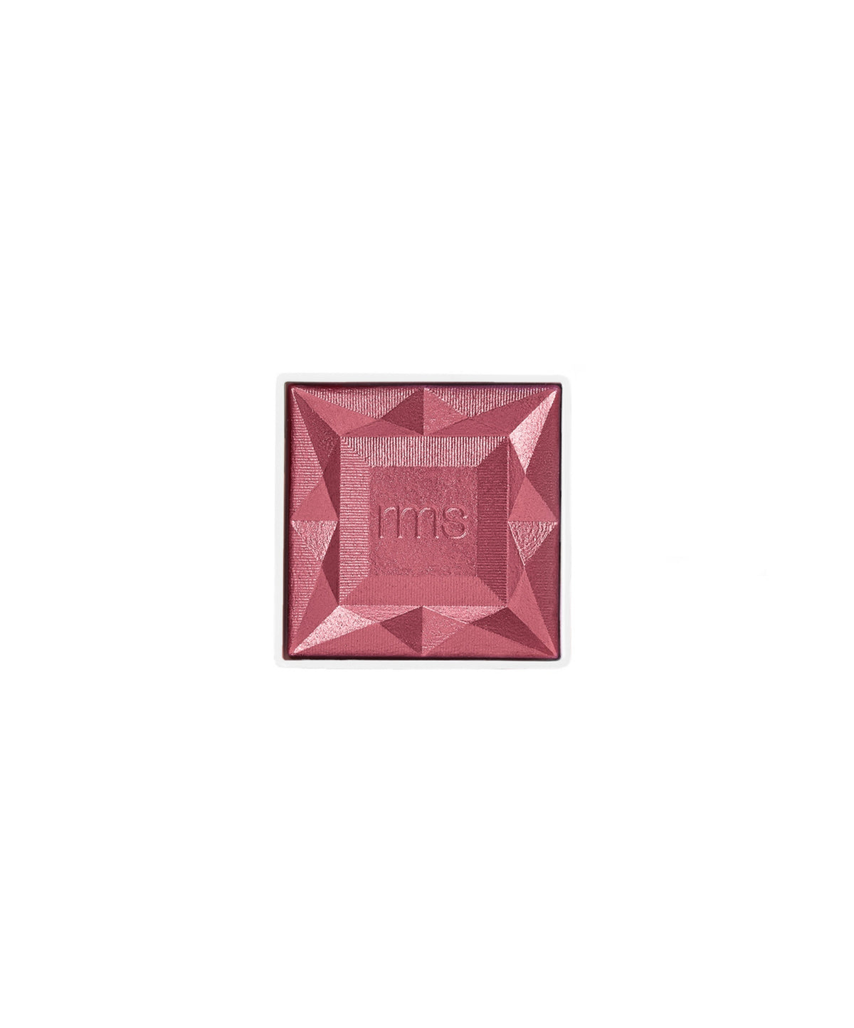 ReDimension Hydra Powder Blush in a rich pink shade with a faceted geometric surface embossed with the rms logo, reflecting clean beauty and natural ingredients.