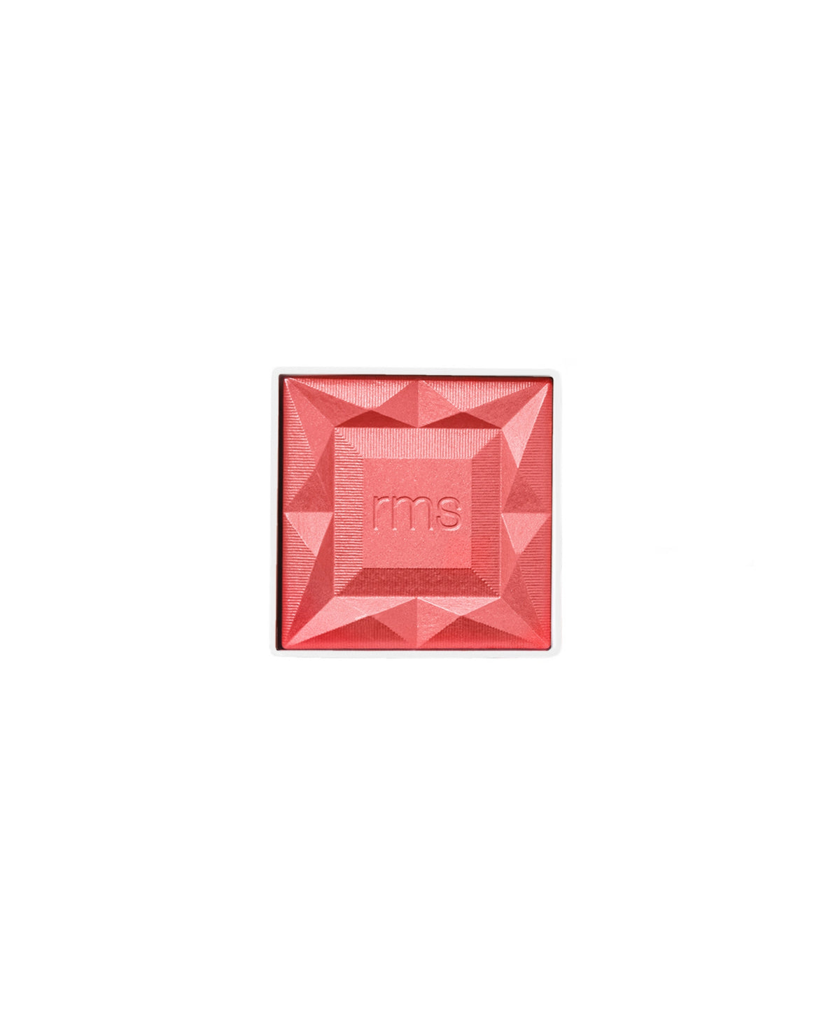 ReDimension Hydra Powder Blush in a coral pink shade with a geometric, faceted surface embossed with "rms," showcasing clean beauty and skincare infused makeup.