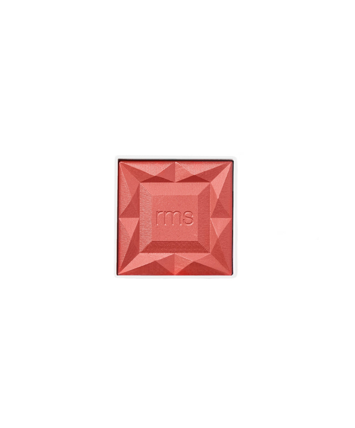 ReDimension Hydra Powder Blush in a coral-pink shade with a geometric embossed design, featuring clean beauty ingredients and sustainable packaging by RMS Beauty.