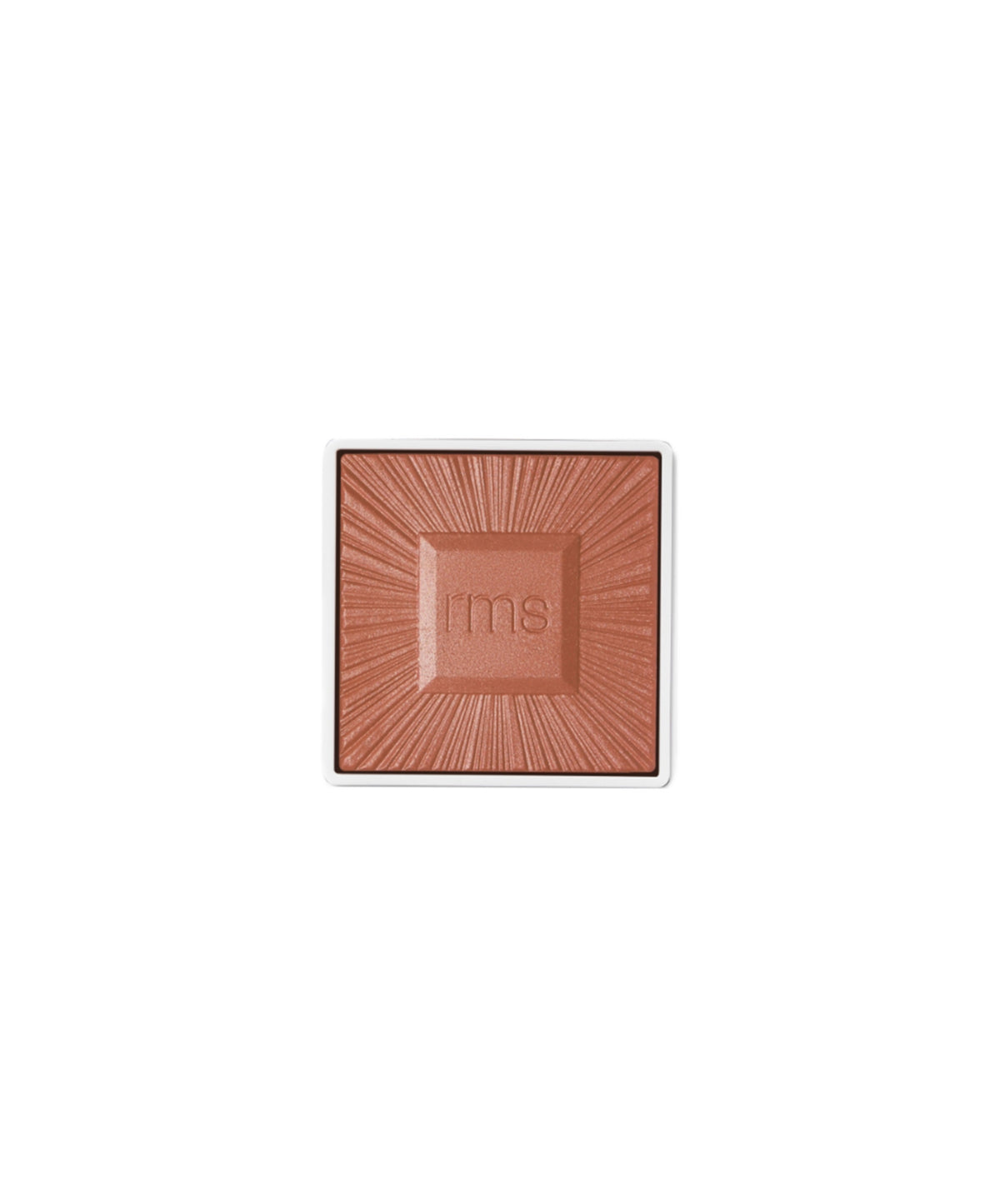 Square compact of ReDimension Hydra Bronzer in warm bronze shade with embossed rms logo and sunburst texture, featuring clean beauty and natural ingredients.