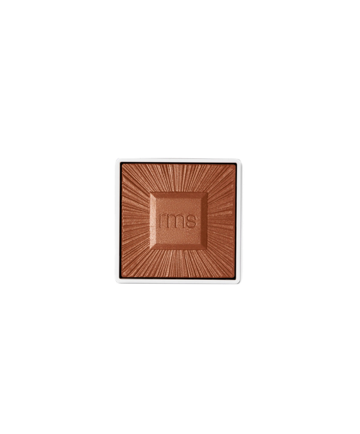 Close-up of a brown pressed powder bronzer embossed with "rms," highlighting the clean beauty ReDimension Hydra Bronzer with natural ingredients and sustainable packaging.