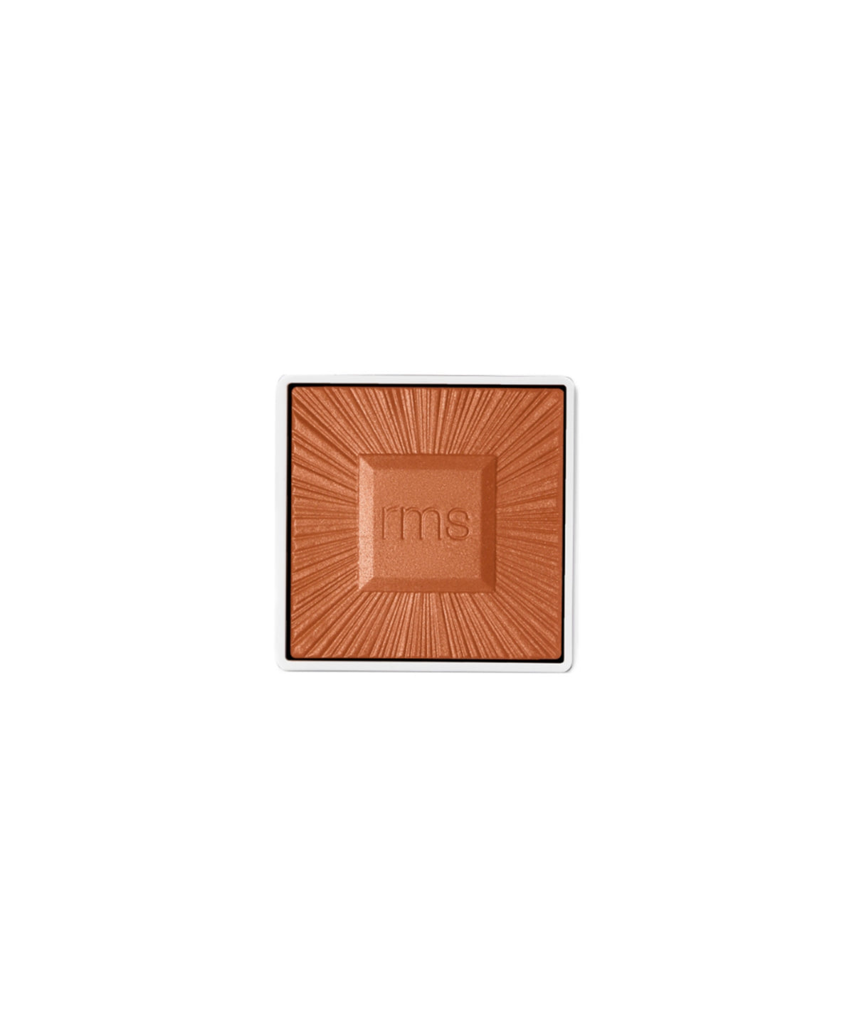ReDimension Hydra Bronzer in a warm, sun-kissed shade with a textured surface featuring the embossed "rms" logo, highlighting clean beauty and natural ingredients.