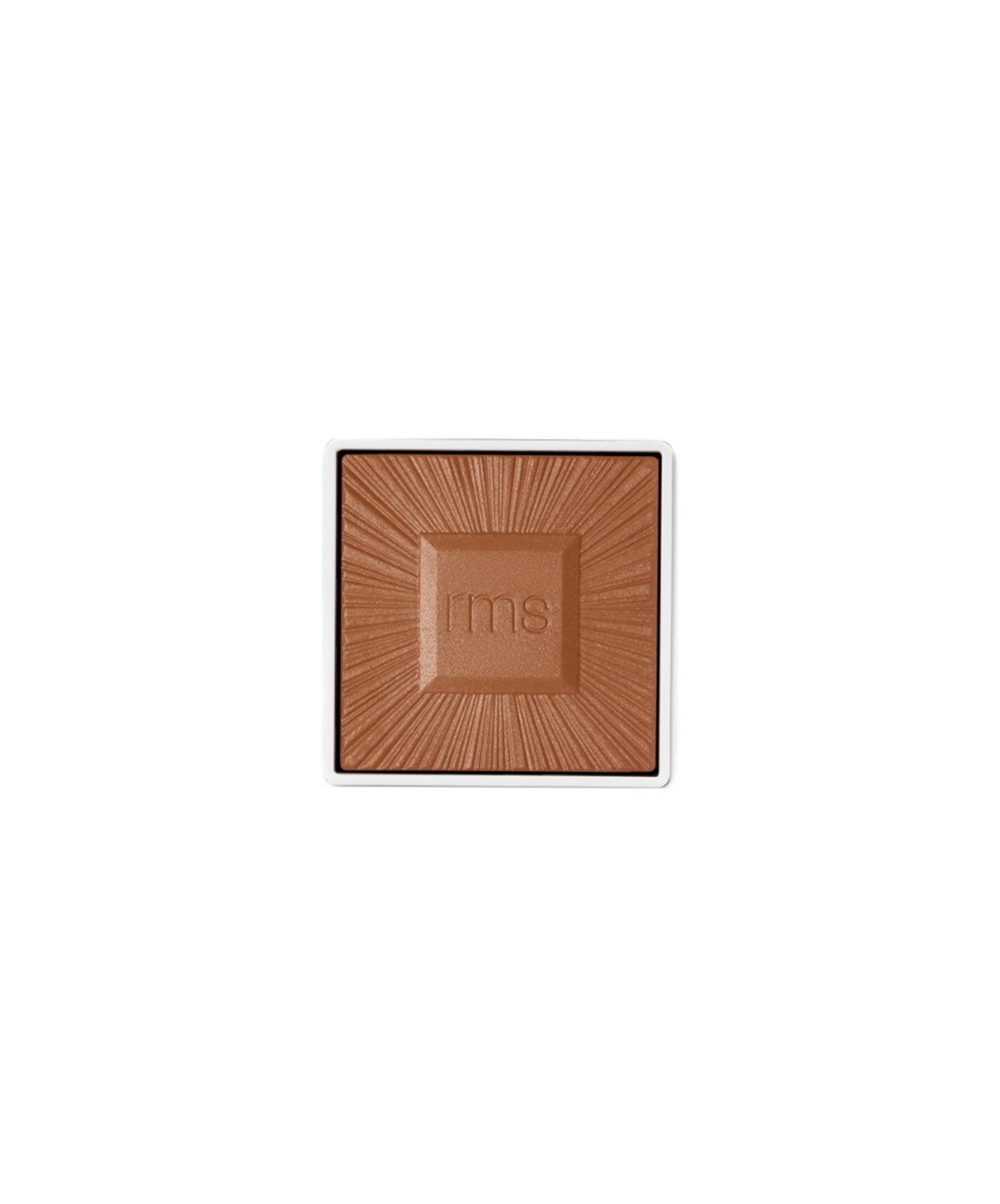 Square compact of ReDimension Hydra Bronzer makeup in a warm tan shade with a radiant sunburst pattern and RMS embossed in the center, highlighting clean beauty and natural ingredients.