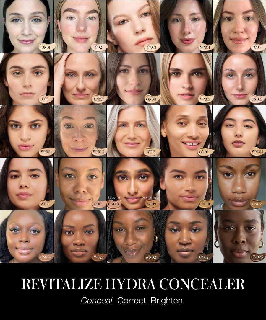 Grid of diverse faces demonstrating the shade range of Revitalize Hydra Concealer, showcasing natural skin tones with clean beauty, cruelty free makeup, and skincare infused makeup benefits.