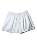 Striped Sleep Shorts in light fabric with subtle white vertical stripes, featuring an elastic waistband and front button closure for a comfortable, relaxed fit.