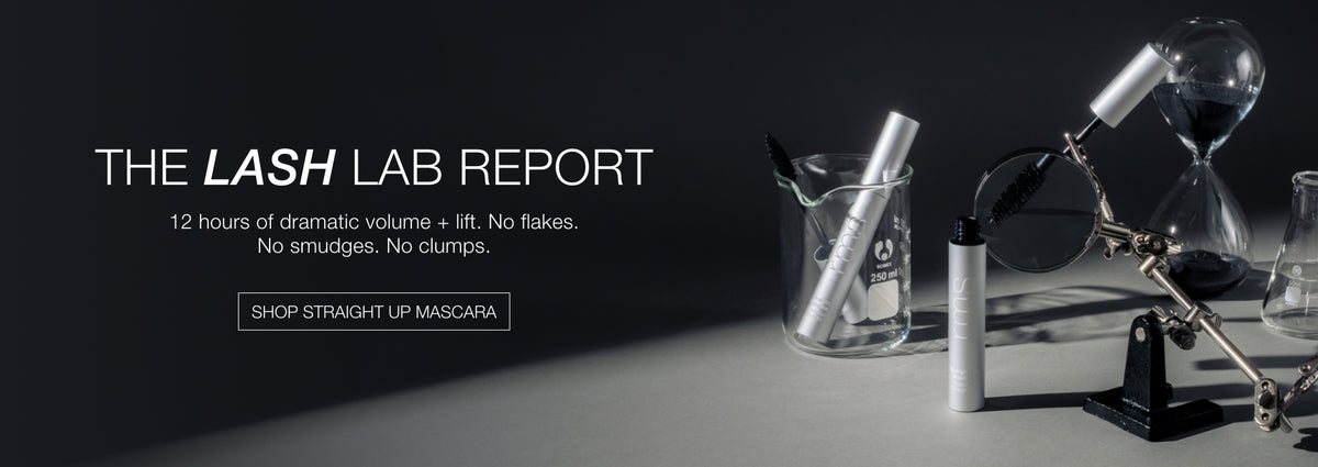 The Lash Lab Report banner with mascara tube brush and hourglass beside text about dramatic volume lift and long lasting wear with a shop button