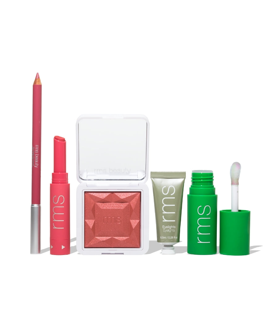 Color Capsule: Strawberry Matcha featuring a collection of clean beauty makeup products including a lip liner, lipstick, blush compact, eyeshadow, and lip gloss with natural and organic ingredients.
