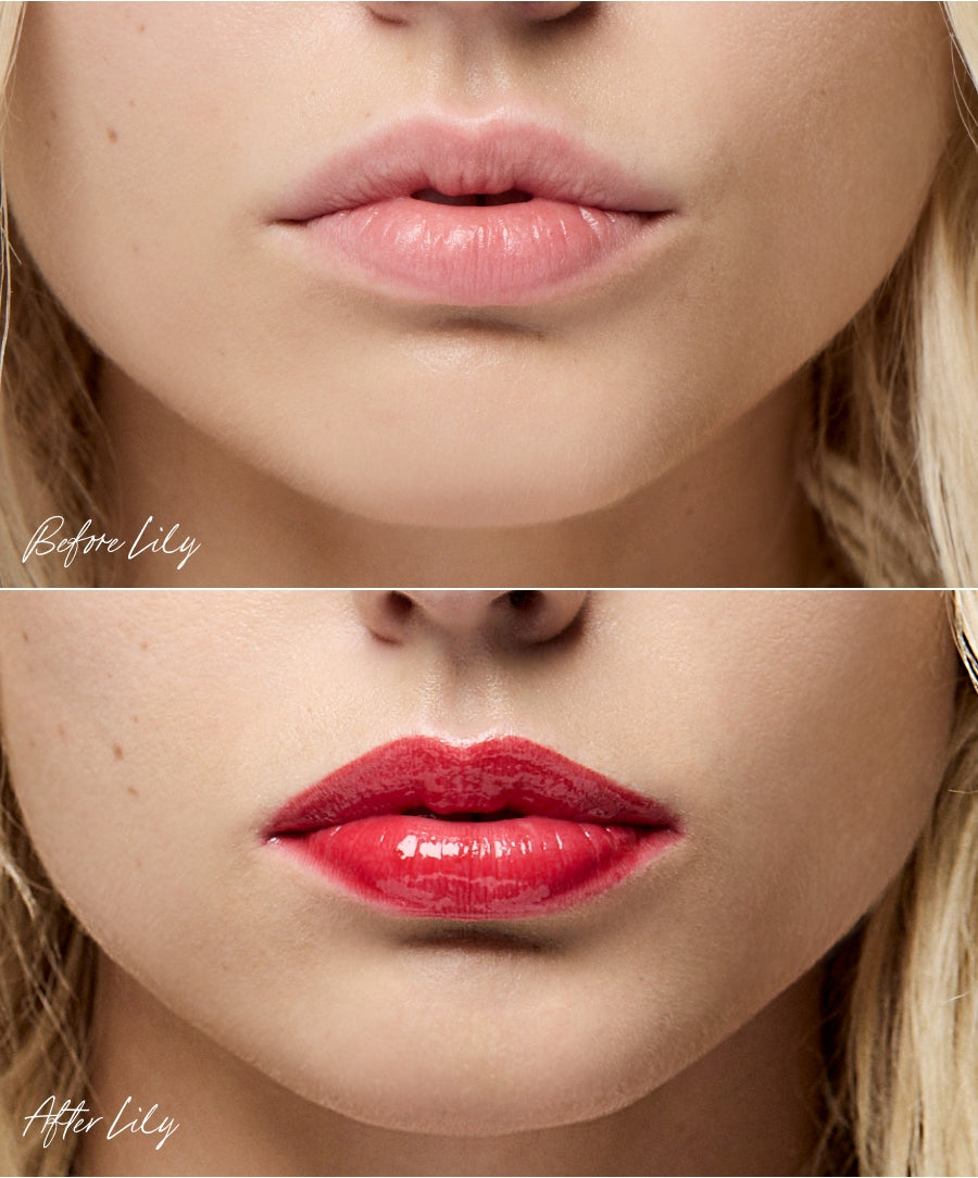 Close-up comparison of lips before and after applying Legendary Lip Oil, showing a natural look transformed into a glossy, vibrant red finish with clean beauty ingredients.