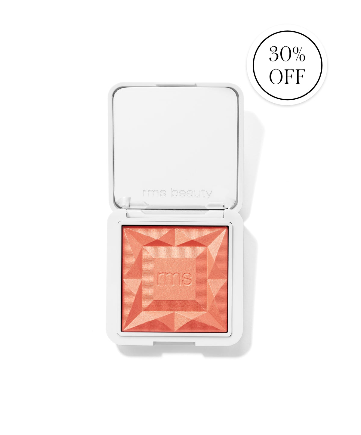 ReDimension Hydra Powder Blush in a coral shade with a geometric embossed design in a sleek white compact, featuring clean beauty and cruelty-free makeup qualities.