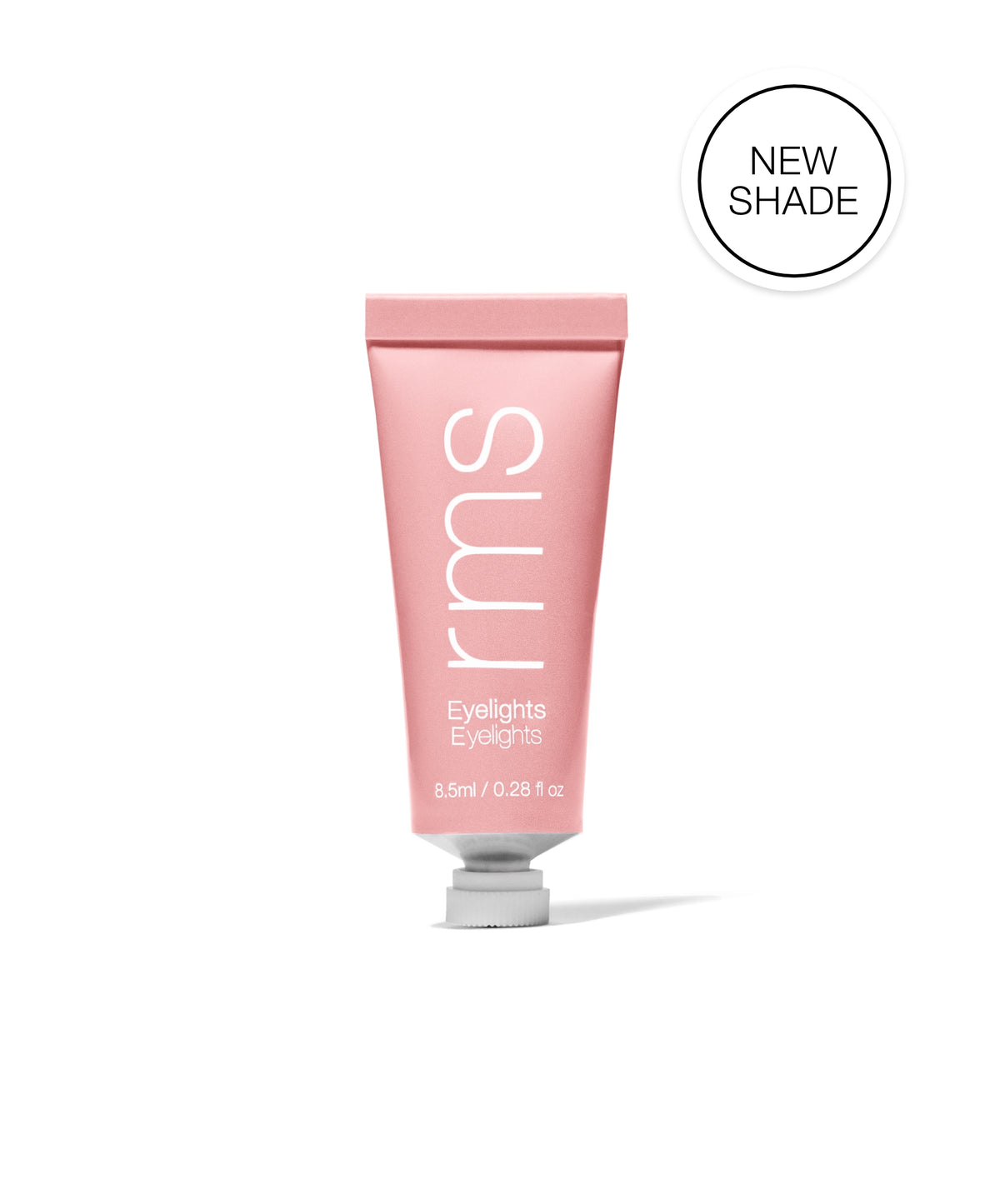 Pink tube of Eyelights Cream Eyeshadow from RMS Beauty displayed against a white background with a "New Shade" label.