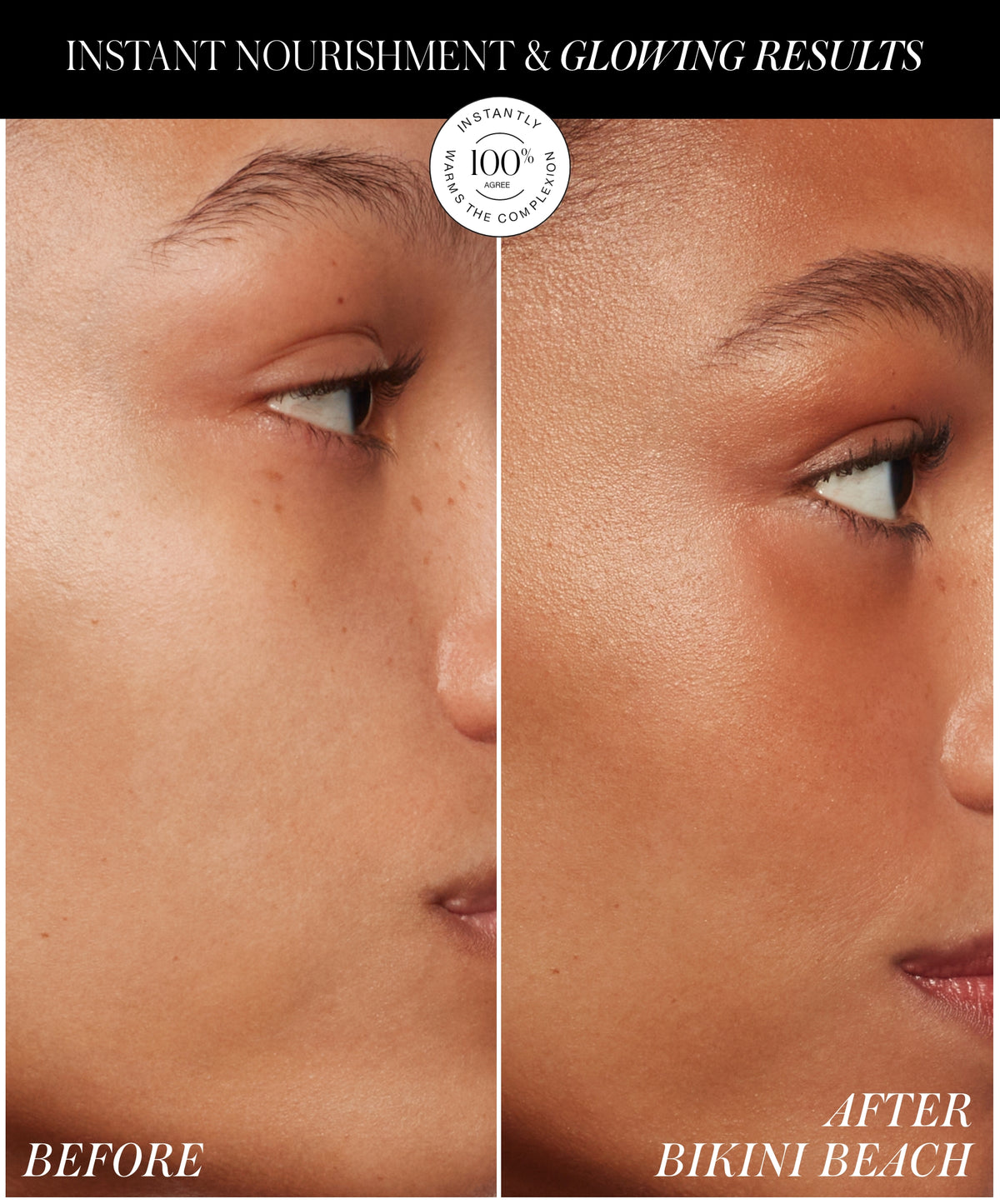 Close-up comparison of a person's cheek before and after applying ReDimension Hydra Bronzer, showing smooth, glowing, and nourished skin with a natural bronzed effect after use.