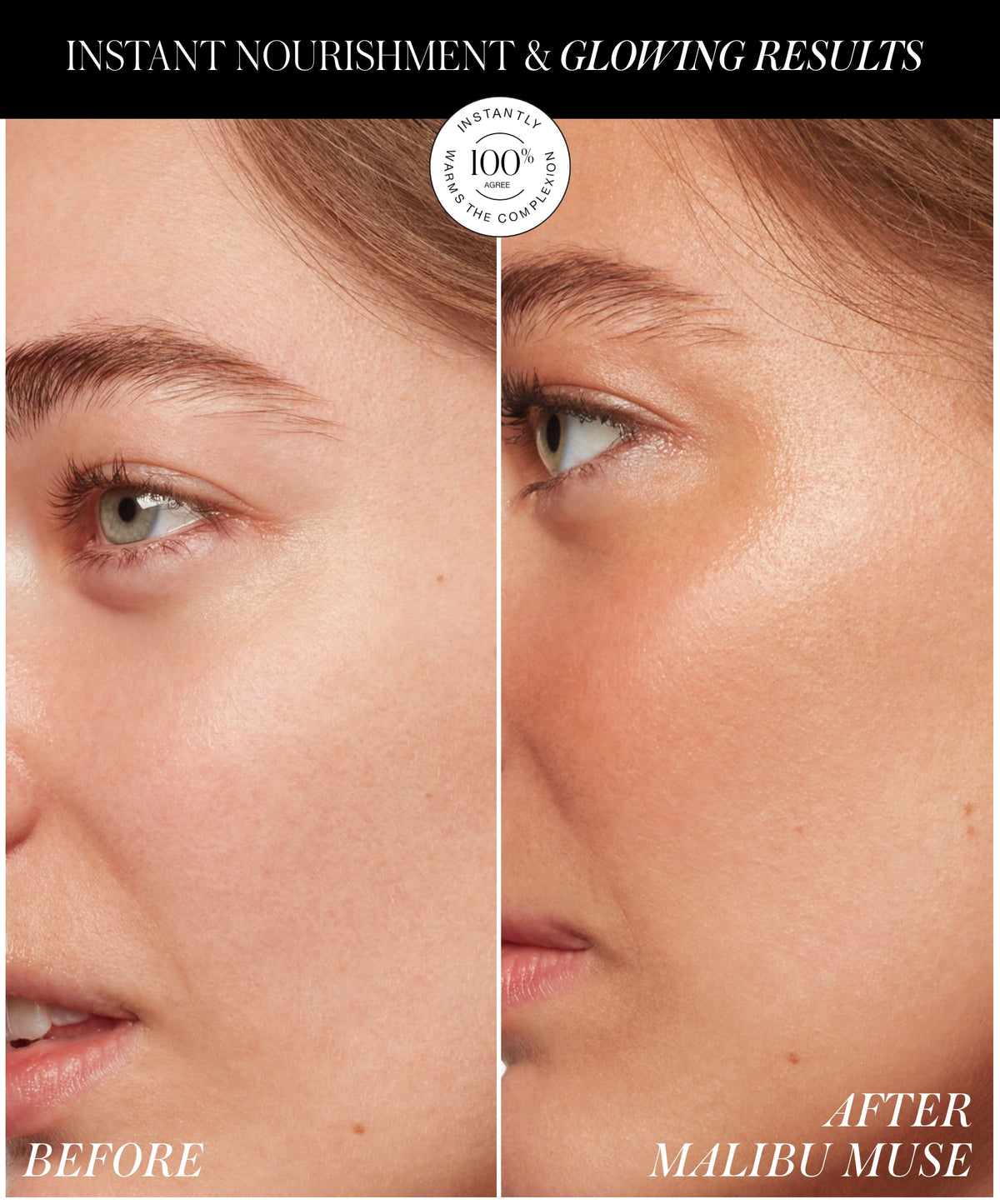 Close-up comparison of a woman's cheek before and after applying ReDimension Hydra Bronzer, showing instantly nourished skin with a natural glowing complexion and radiant finish.