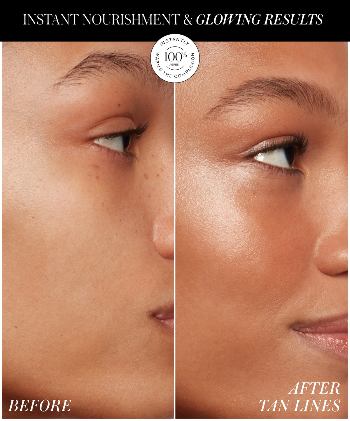 Close-up comparison of a woman's face before and after applying ReDimension Hydra Bronzer, showing smooth, radiant, and glowing skin with a natural bronzed finish.