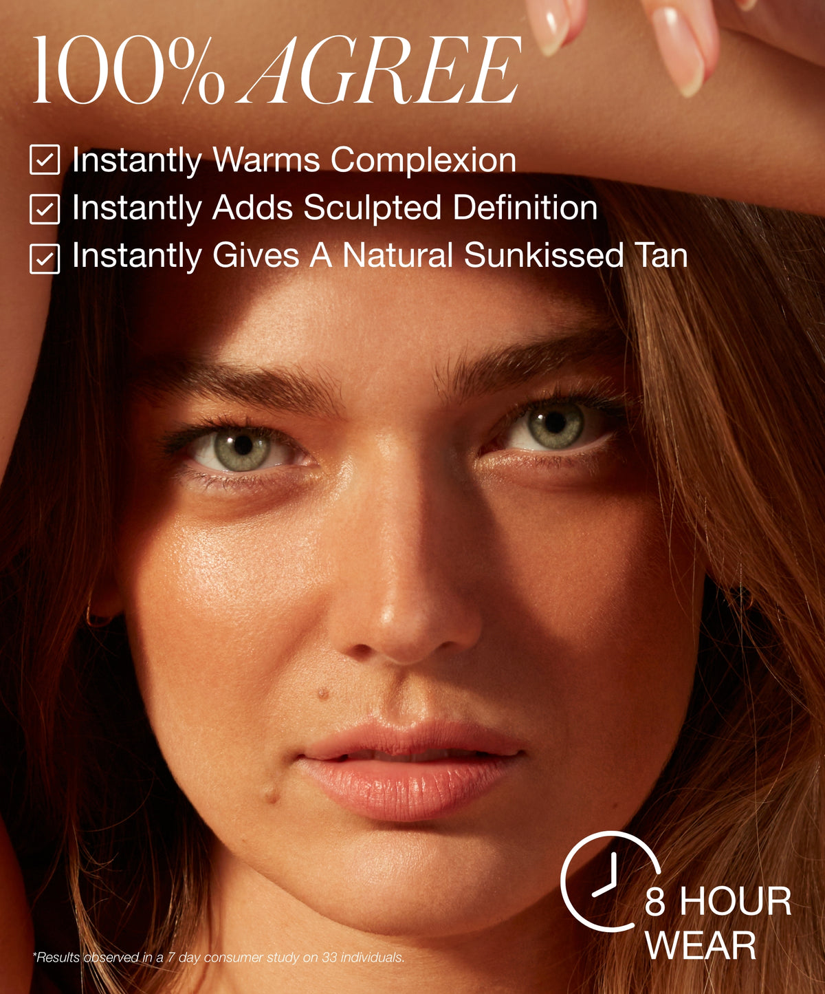 Close-up of a woman with warm, sculpted facial definition and a natural sunkissed tan, showcasing the effects of ReDimension Hydra Bronzer with 8 hour wear.