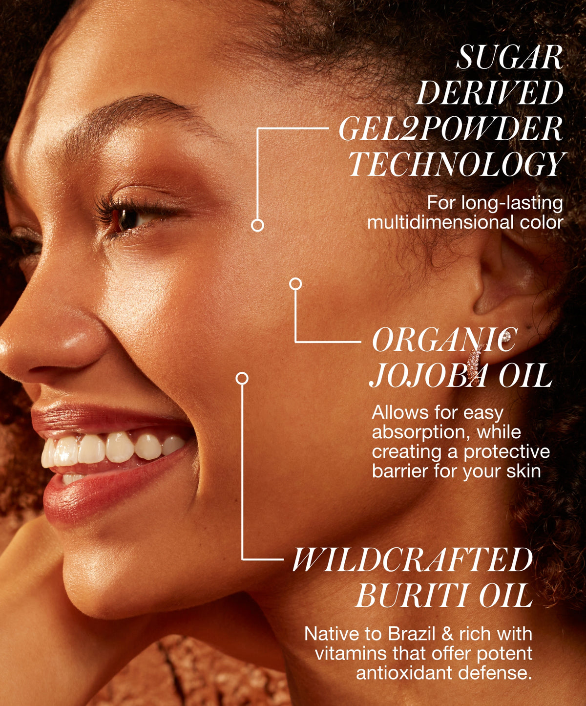 Close-up of a smiling woman’s face highlighting the features and benefits of ReDimension Hydra Bronzer, including sugar derived Gel2Powder technology, organic jojoba oil for easy absorption, and wildcrafted buriti oil for antioxidant defense.