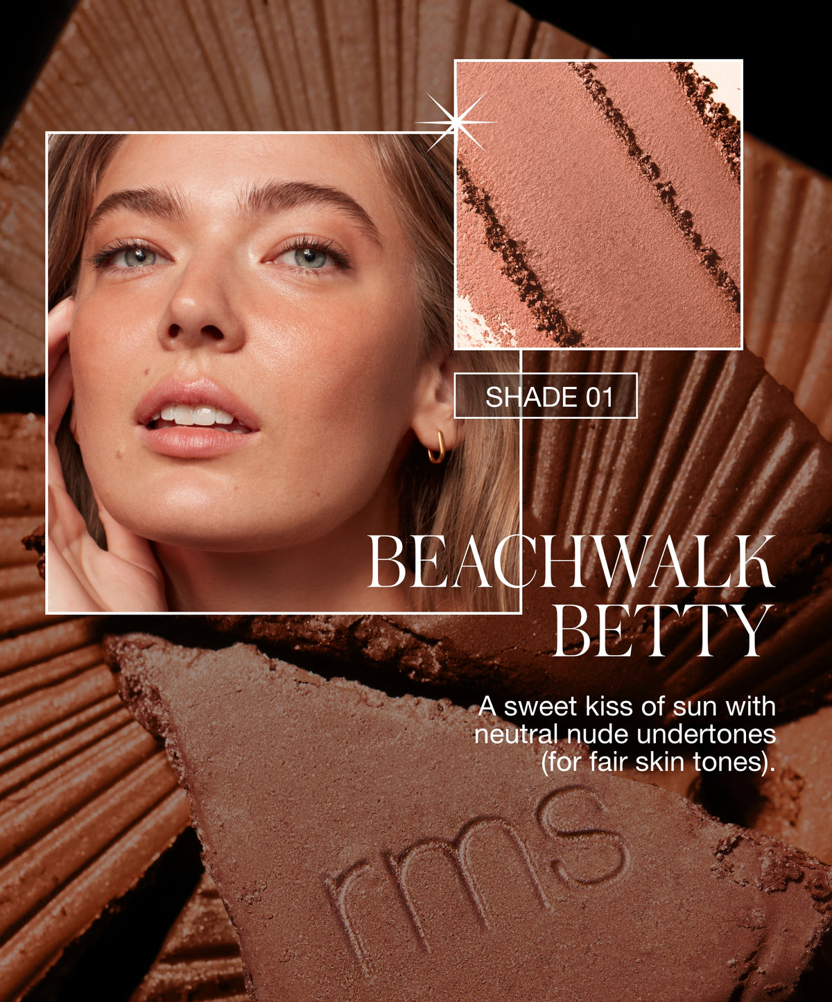 Close-up of a woman with fair skin wearing ReDimension Hydra Bronzer in Shade 01 Beachwalk Betty, showcasing a neutral nude bronzer with smooth texture and natural finish.