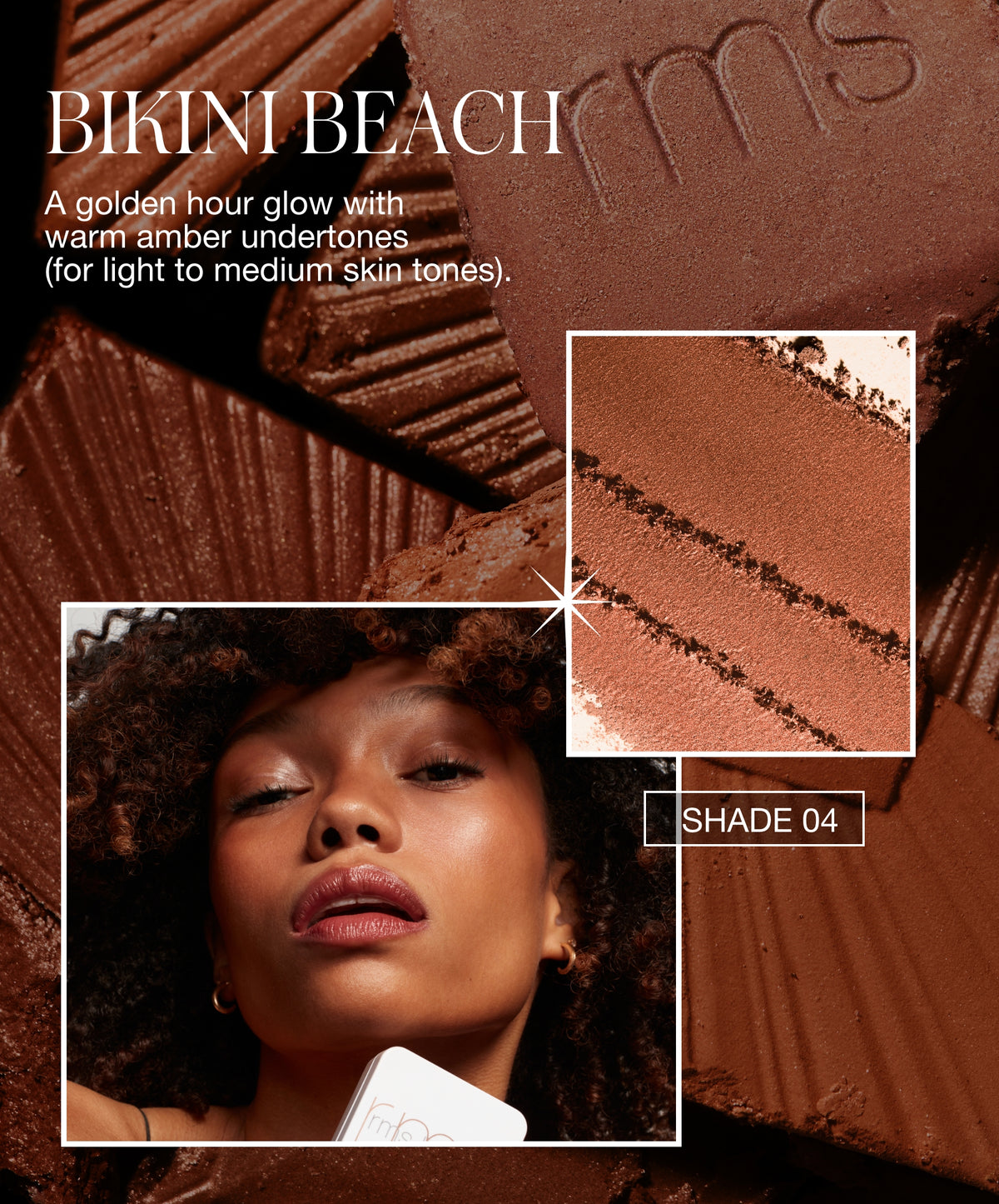 Close-up of warm amber-toned bronzer powder labeled shade 04 Bikini Beach, alongside a woman with medium skin tone wearing ReDimension Hydra Bronzer for a golden hour glow.