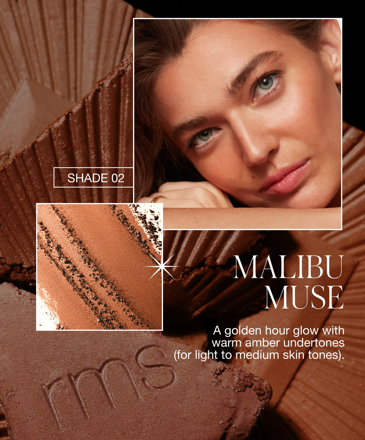 Close-up of a woman with radiant skin showcasing the warm amber glow of ReDimension Hydra Bronzer in shade 02 Malibu Muse, ideal for light to medium skin tones.
