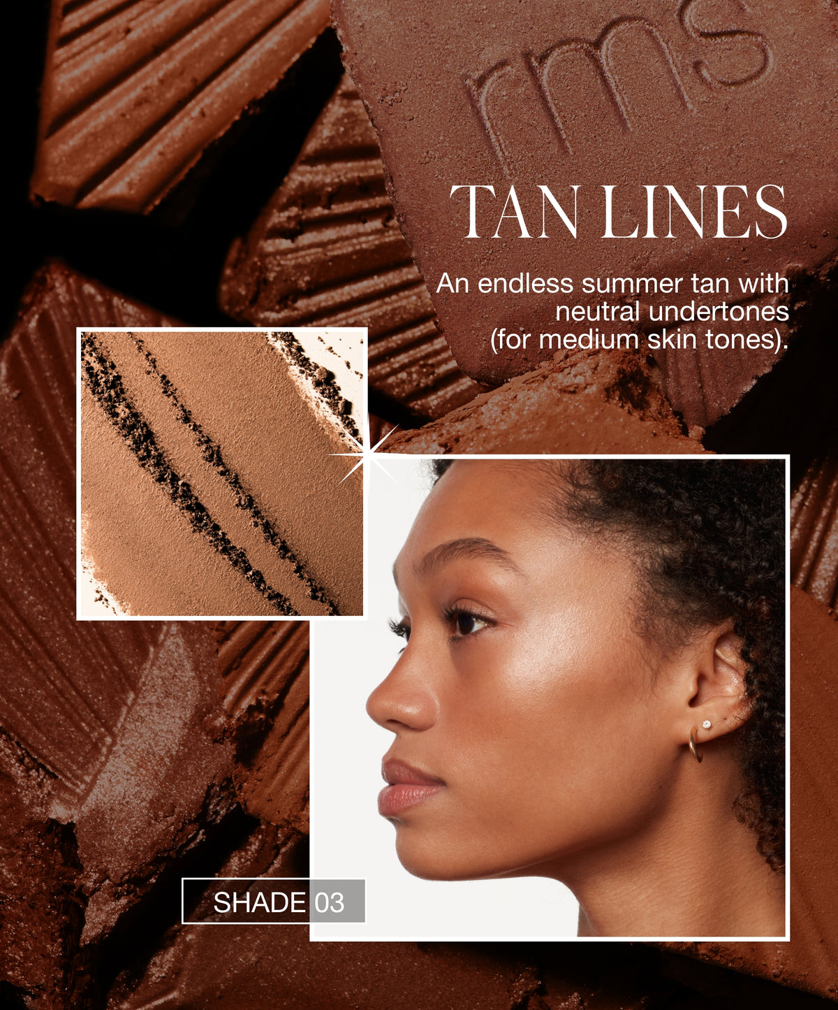 Close-up of medium skin tone model with smooth, radiant complexion next to swatches of tan bronzer powder featuring neutral undertones, showcasing ReDimension Hydra Bronzer in shade 03.